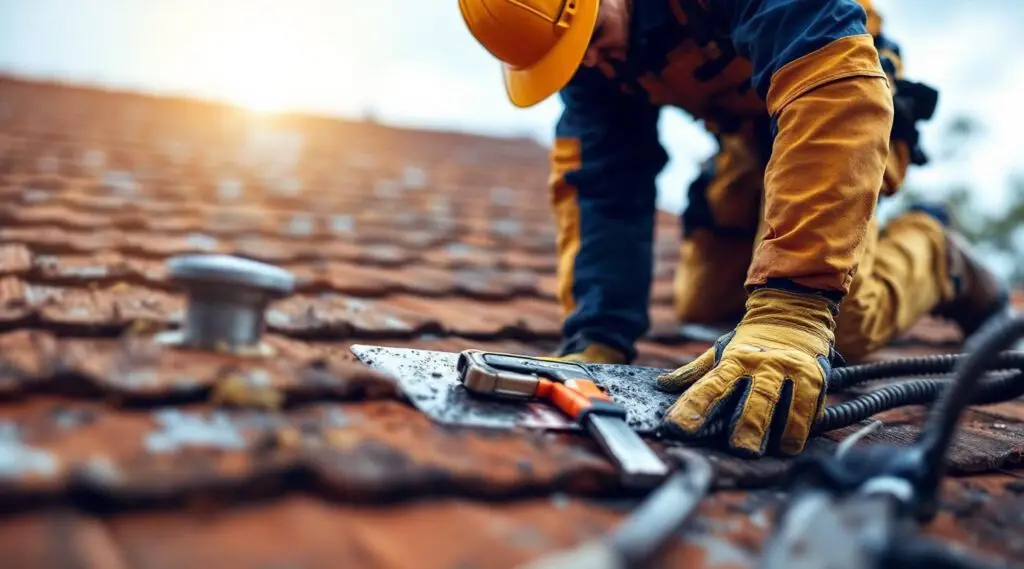 Professional roofer inspecting a residential roof in Andover, checking for shingle damage and flashing condition