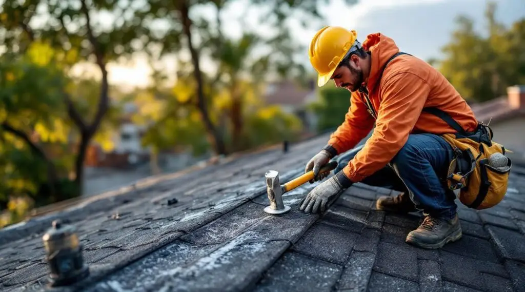 Roofer inspecting damaged asphalt shingles on a residential roof in Andover, Vermont