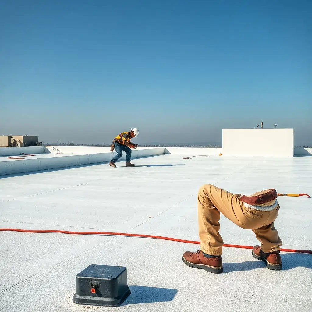 Commercial flat roof repair in progress with workers inspecting membrane