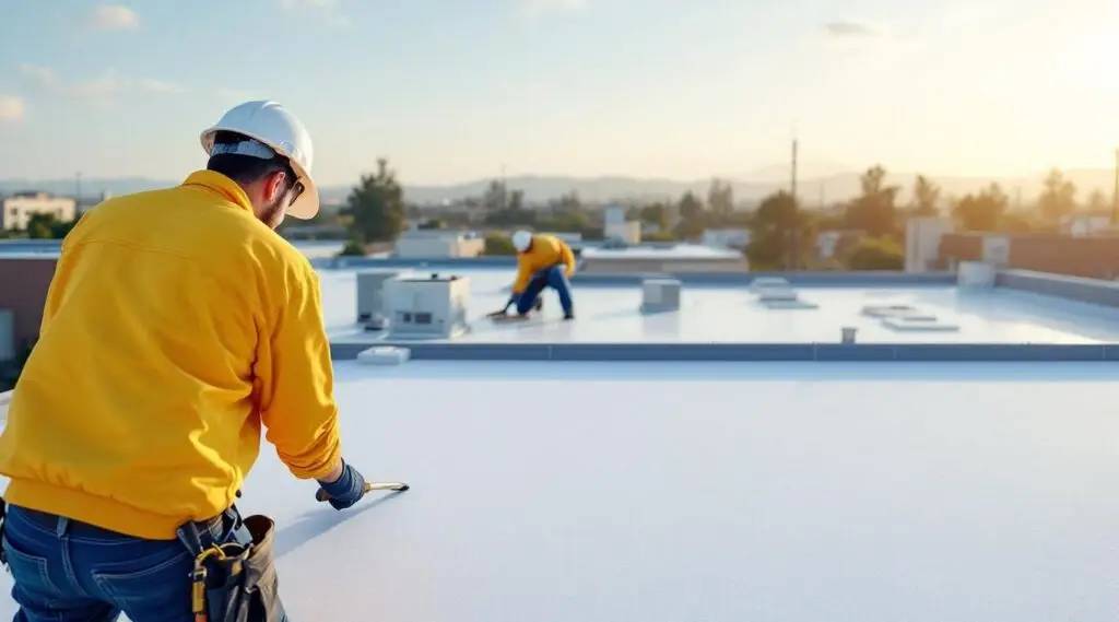 Commercial building with a newly installed white TPO flat roof under a clear sky